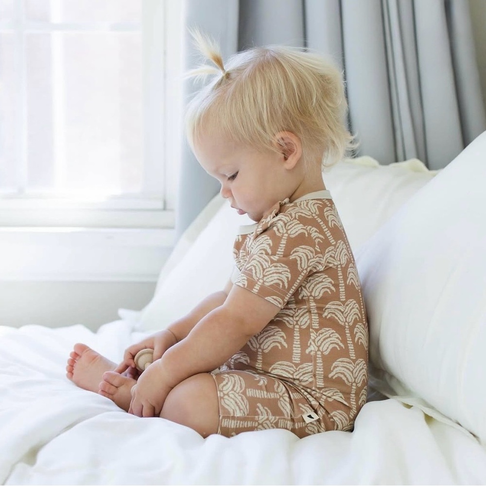 Baby Short-Sleeve Palm Print Bamboo Shorty- Beige & Cream ( 6-12 months)